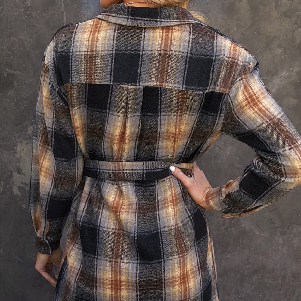 Colorblock Plaid Casual Pocket Belted Shirt Mini Dress - Picture 3 of 4